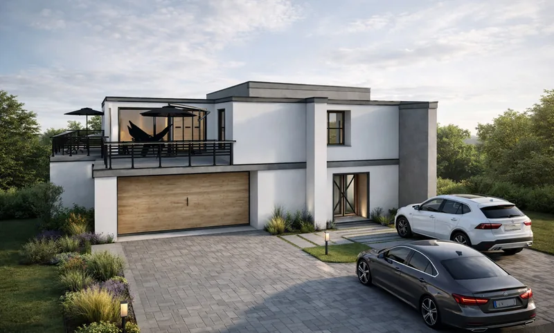 3D vizualizácia exteriéru moderného rodinného domu s garážou a terasou