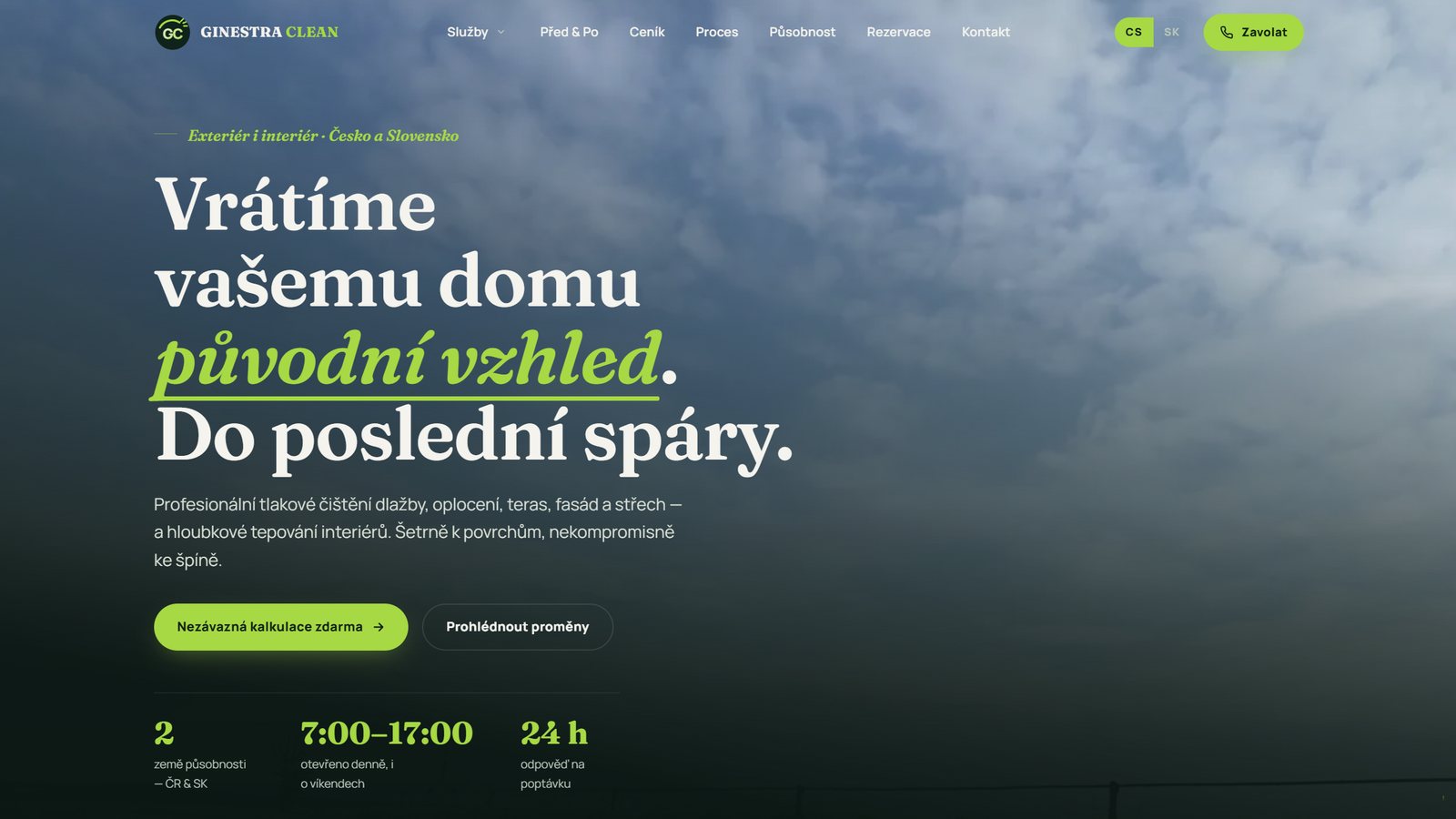 Živý web ginestraclean.com na levitujúcom monitore