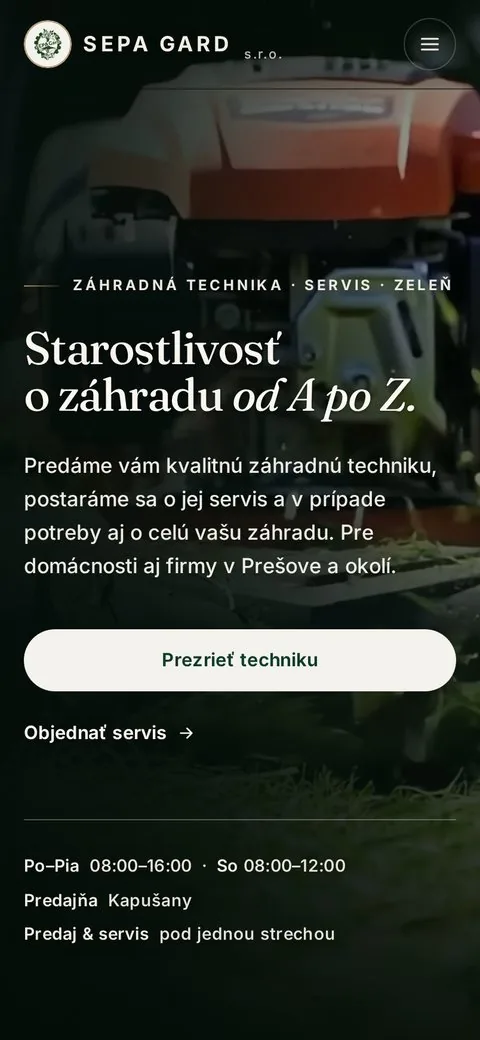 Responzívny web na mobile — referencia sepagard.sk na iPhone
